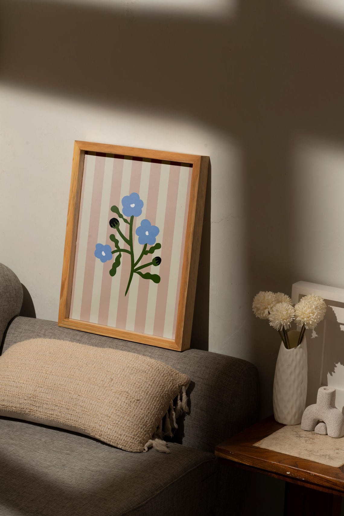 Blue Flower Stem Illustration on Pink Cream Striped Floral Poster - Image 5