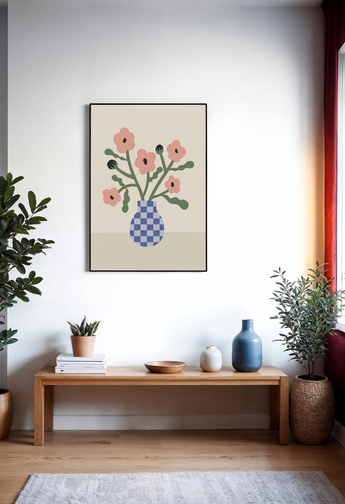 Pink Poppies in Blue Checkered Vase Floral Illustration Poster - Image 2