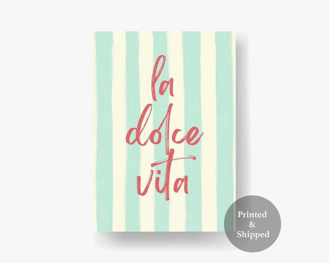 La Dolce Vita Script Quote Poster Mint Green Striped Wall Art Print