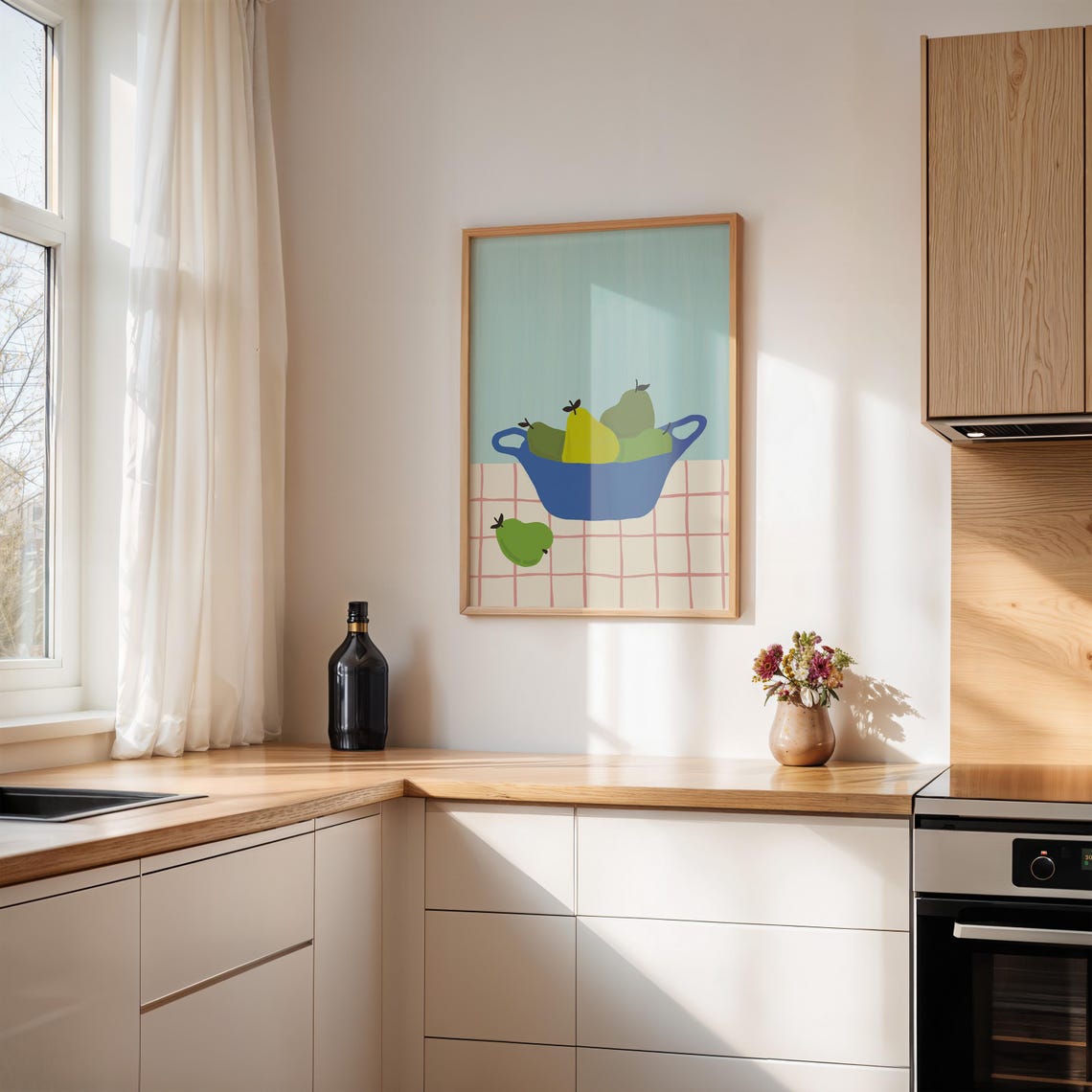 Green Pears in Blue Bowl Still Life Retro Kitchen Art Poster - Image 3