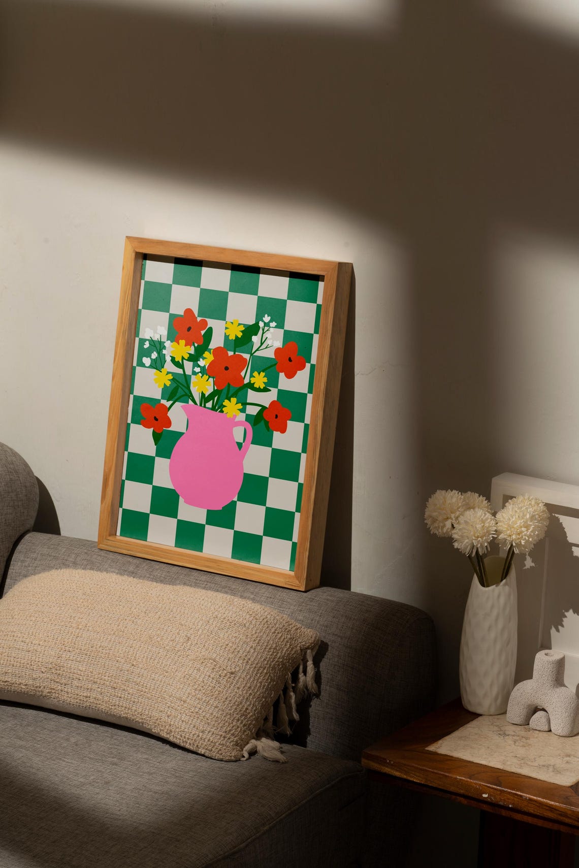 Pink Pitcher Vase Wildflower Bouquet on Green Check Wall Art Print - Image 5