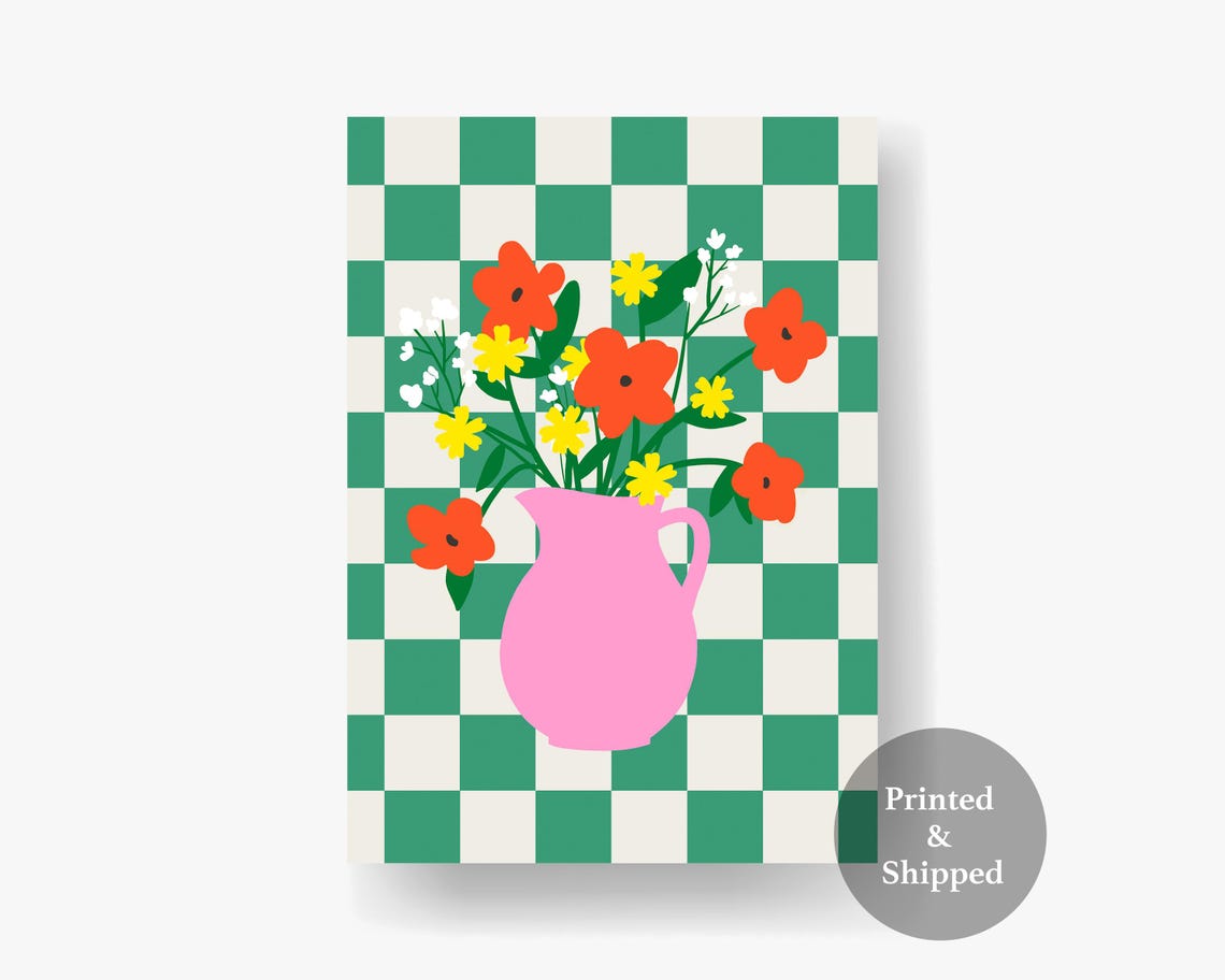 Pink Pitcher Vase Wildflower Bouquet on Green Check Wall Art Print - Image 6