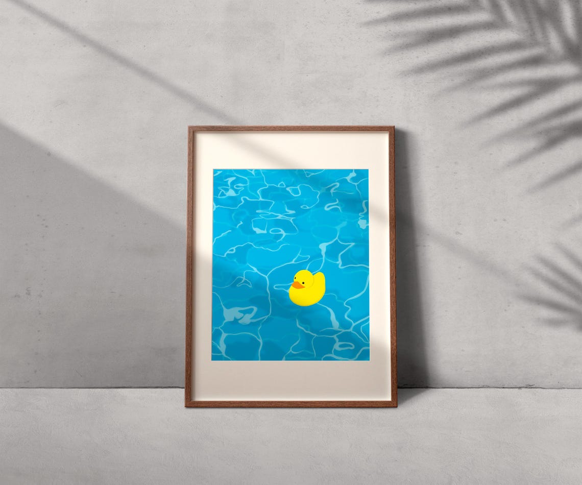 Rubber Duck Floating in Bright Blue Pool Water Summer Art Print - Image 2
