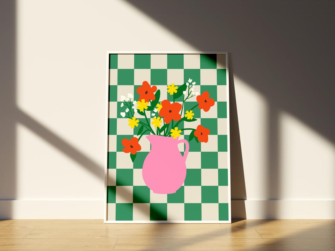 Pink Pitcher Vase Wildflower Bouquet on Green Check Wall Art Print - Image 4