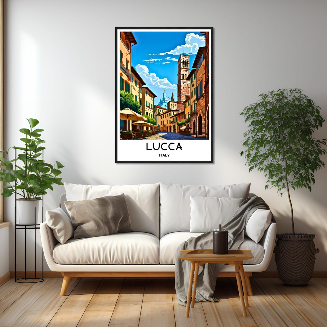 Lucca Tuscan Street Cafes and Church Tower in Warm Sun Poster - Image 2