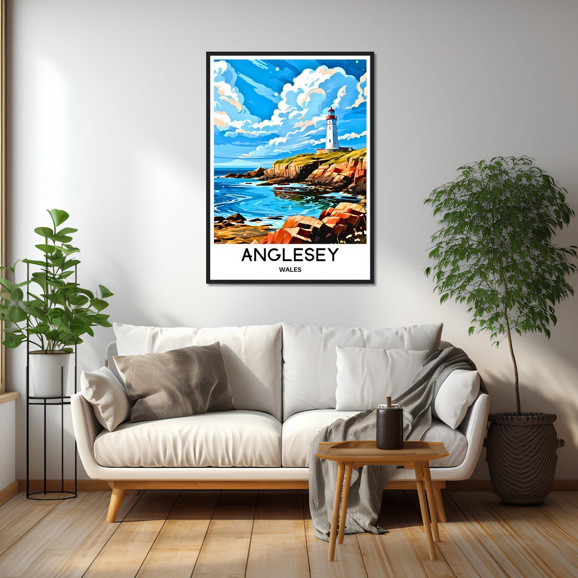 Anglesey White Lighthouse Red Rock Cliffs Wales Coast Poster - Image 2
