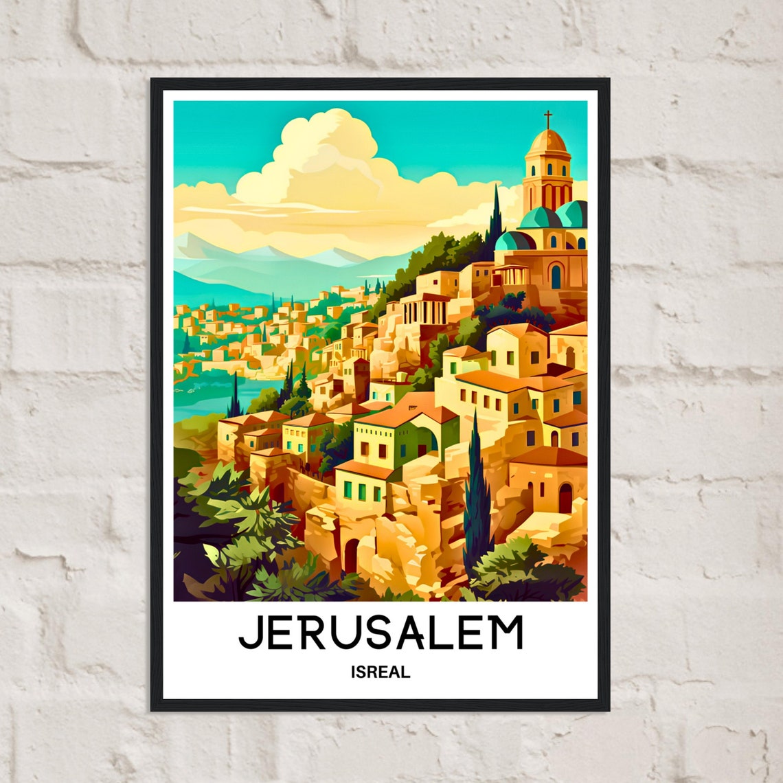 Jerusalem Hillside Old Town Church Towers Golden Travel Poster - Image 2