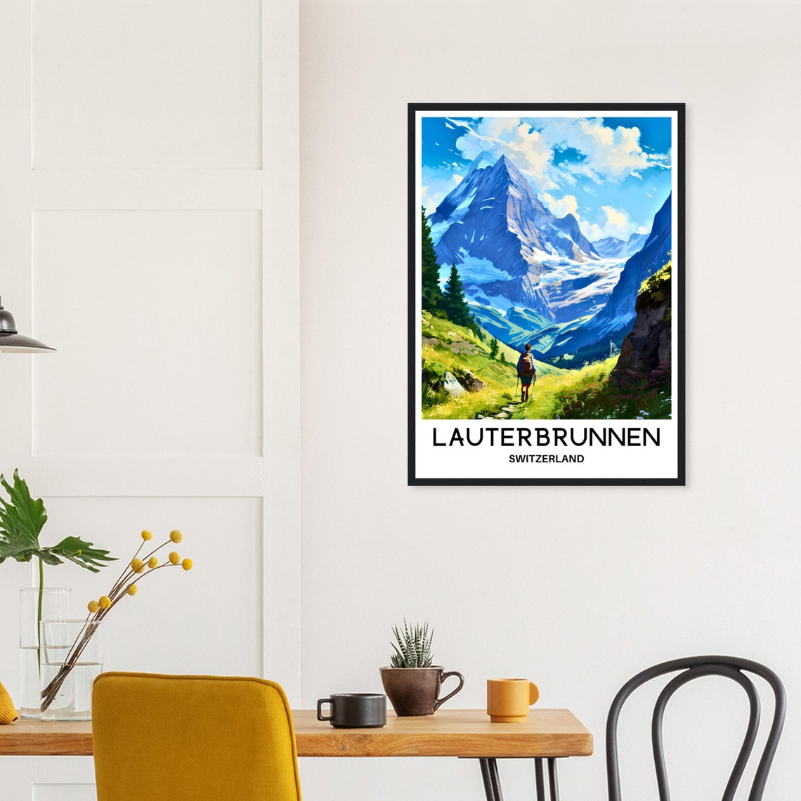 Lauterbrunnen Switzerland Hiker Before Snow Peak Travel Poster - Image 3