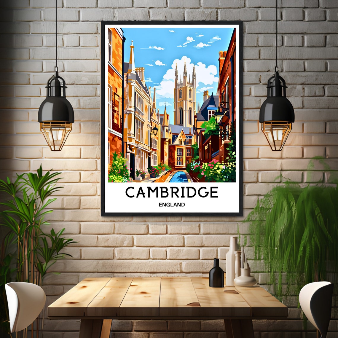 Cambridge England Historic College Street Illustrated Travel Poster - Image 3