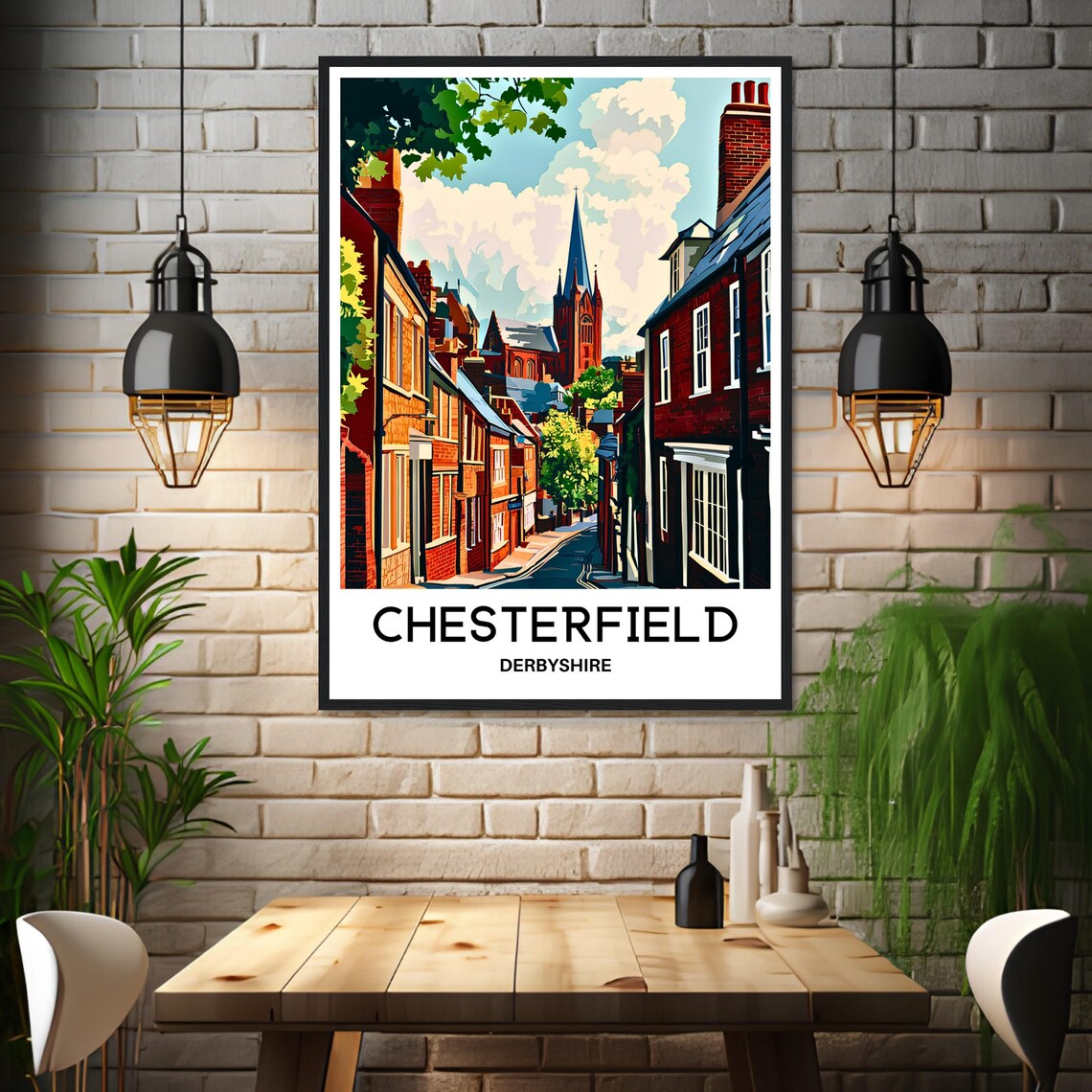 Chesterfield Derbyshire Vintage Church Spire Old Town Travel Poster - Image 3
