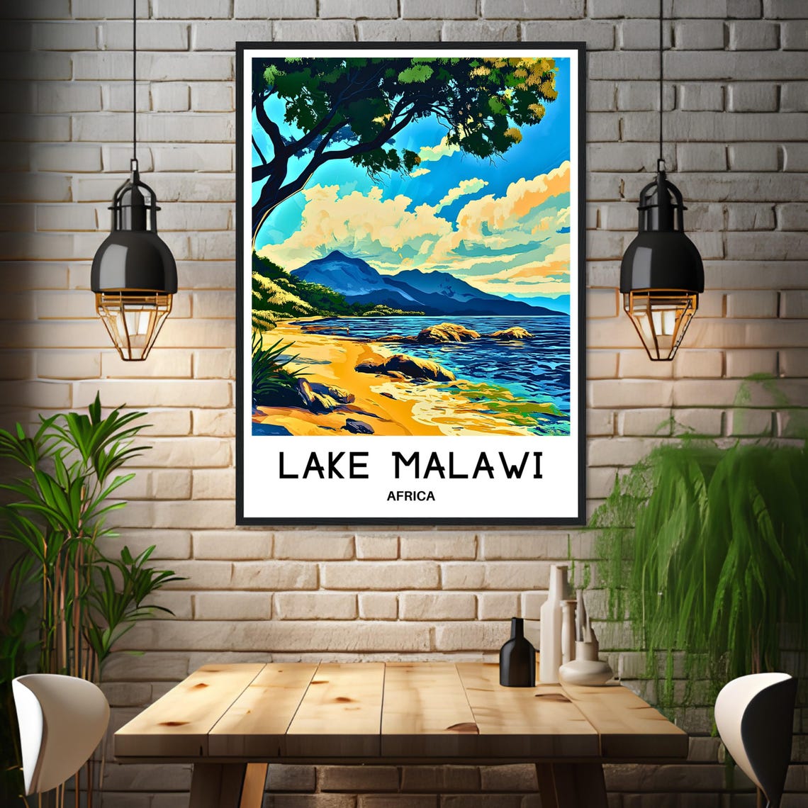 Lake Malawi Africa Golden Beach Palm Tree Mountain Shore Travel Poster - Image 3