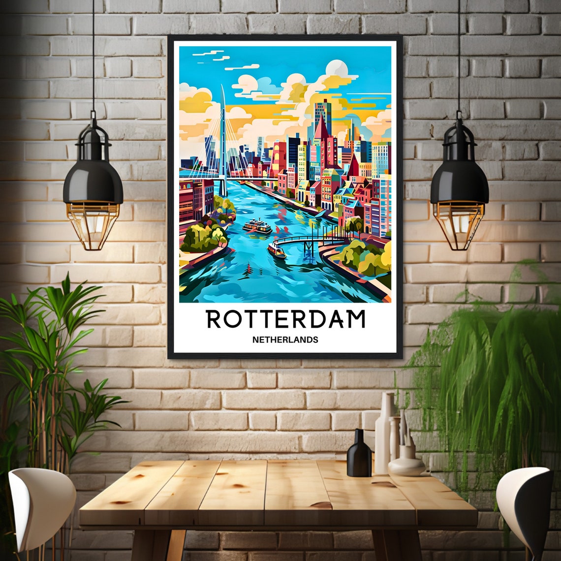 Rotterdam Netherlands Erasmus Bridge Skyline Harbor Travel Poster - Image 3