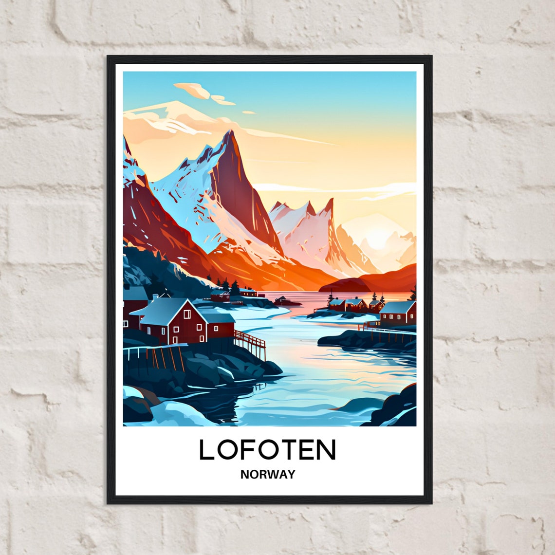 Lofoten Norway Snowy Peaks Red Harbor Cabins at Sunrise Poster - Image 2