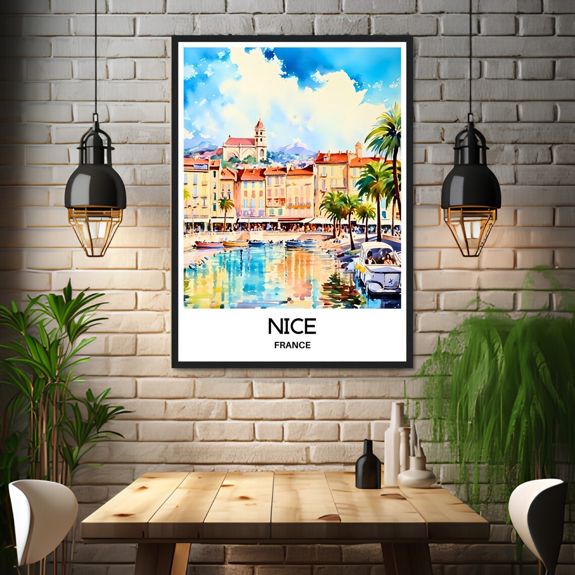 Nice France Watercolor Harbor Palm Promenade Riviera Travel Poster - Image 3