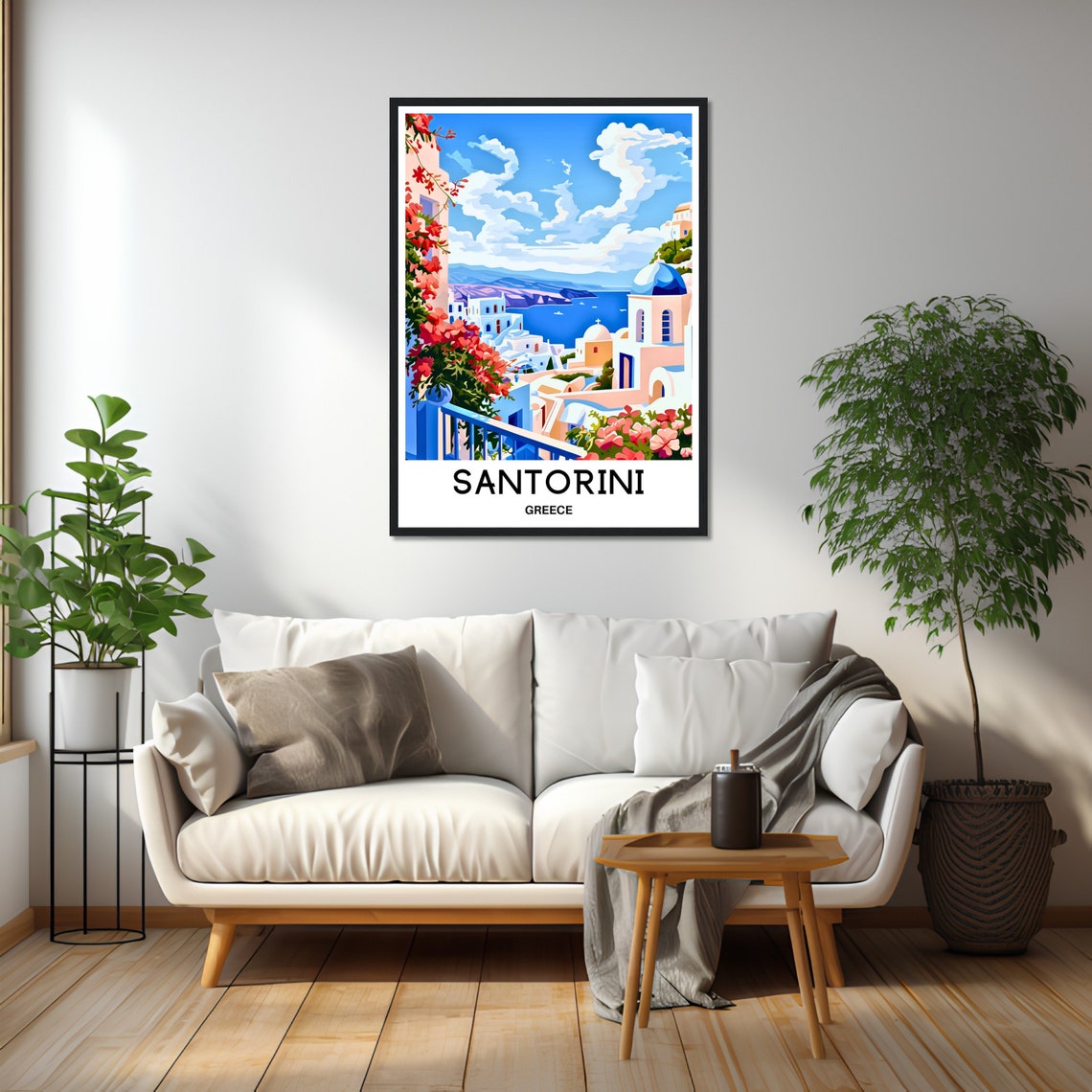 Santorini Blue Dome Caldera Bougainvillea Greece Travel Poster - Image 2