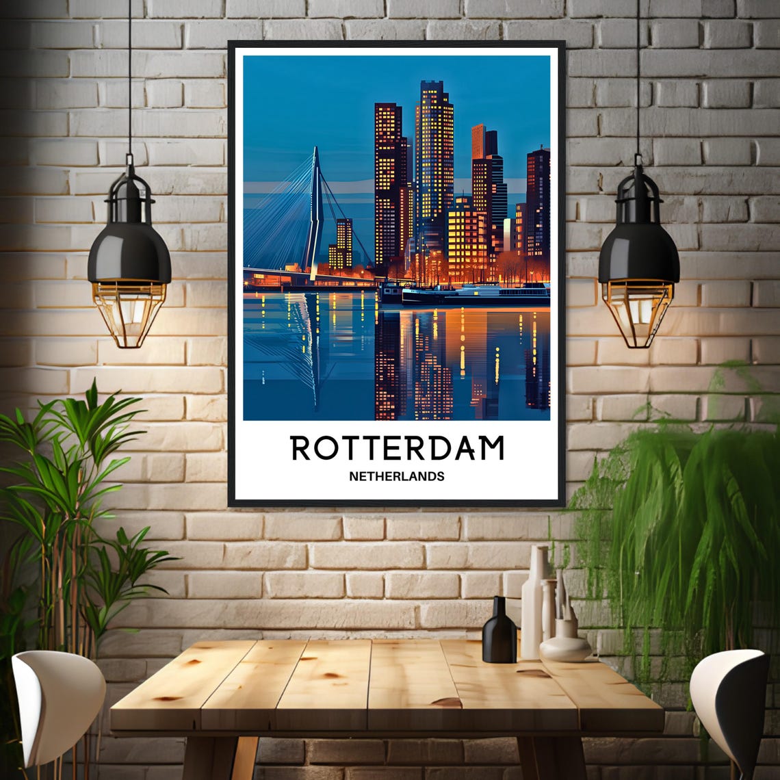 Rotterdam Netherlands Night Skyline Erasmus Bridge City Travel Poster - Image 3