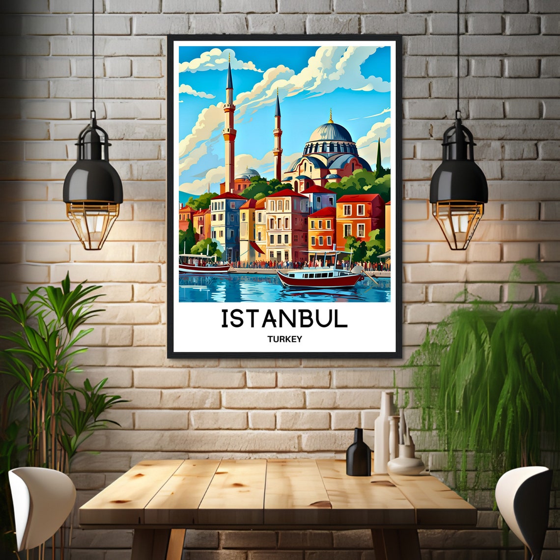 Istanbul Turkey Golden Horn Mosque Waterfront Boats Scene Poster - Image 3