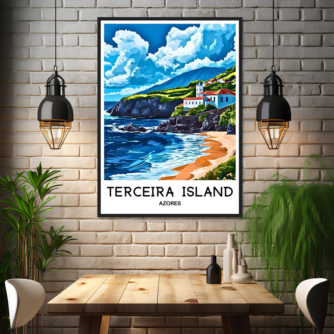 Terceira Island Azores Beach Church Vintage Travel Scenic Art Poster - Image 3