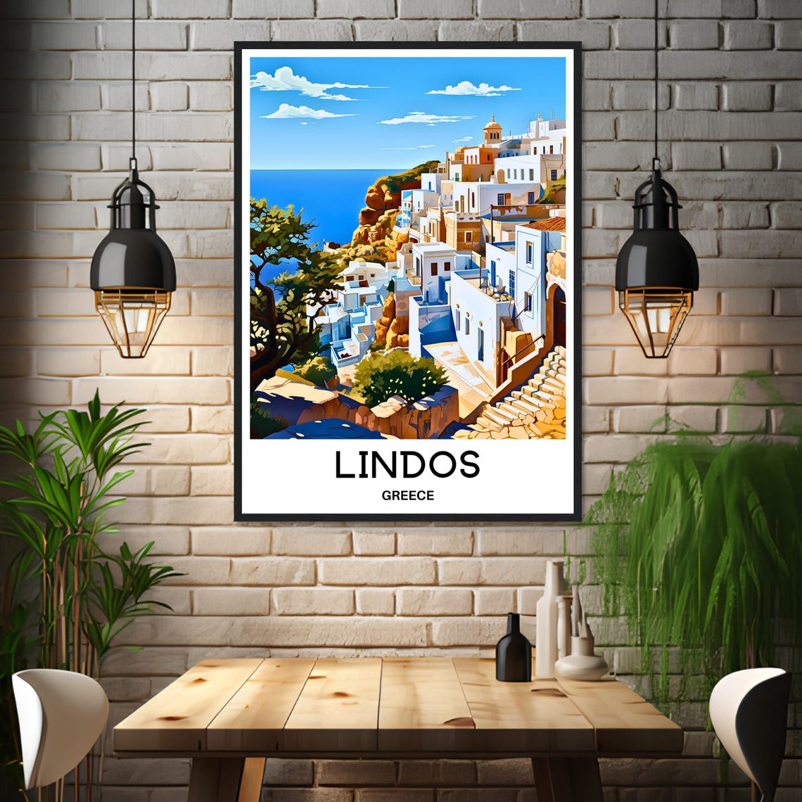 Lindos Greece Whitewashed Cliffside Village Over Blue Aegean Poster - Image 3
