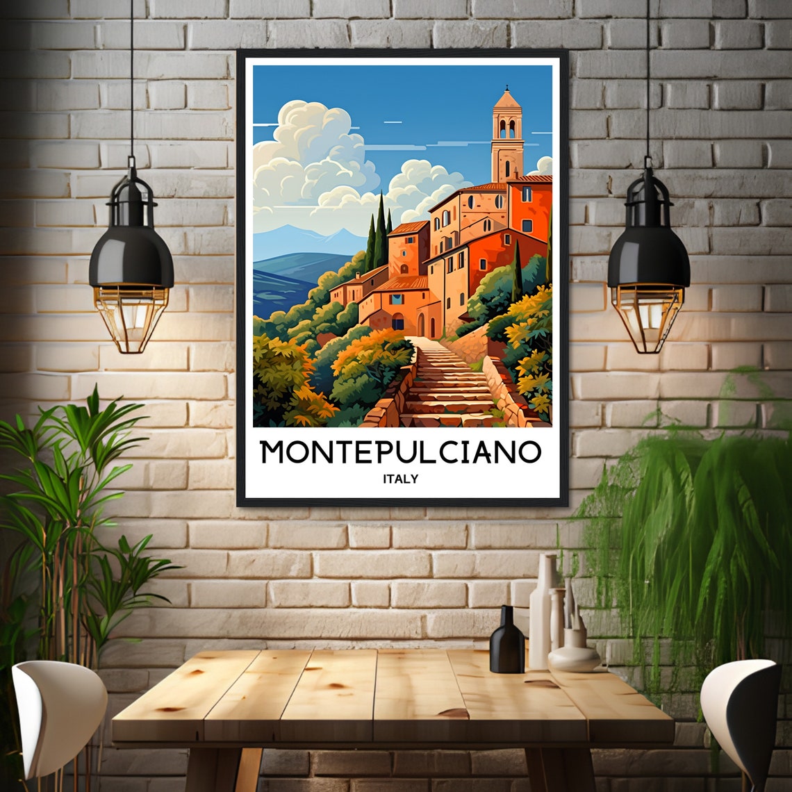Montepulciano Italy Tuscan Hill Town Bell Tower Vintage Travel Poster - Image 3