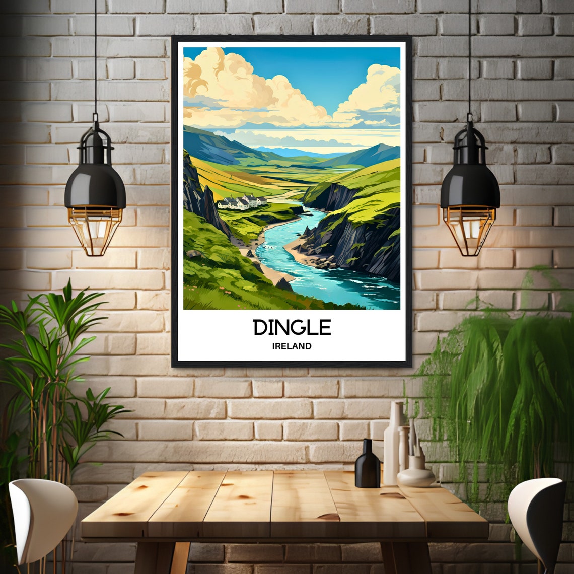 Dingle Ireland Green Valley Sparkling River Cottages Morning Poster - Image 3