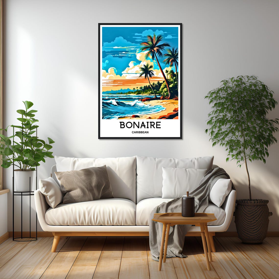 Caribbean Sunset Over Bonaire Palm Beach Ocean Surf Waves Poster - Image 2