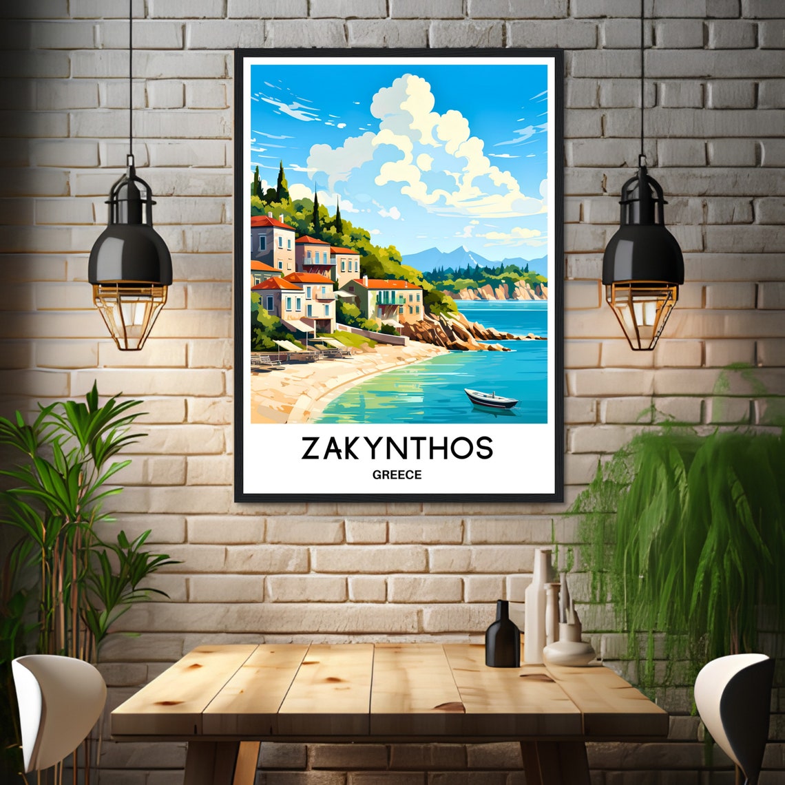 Zakynthos Greece Whitewashed Town Turquoise Bay Travel Poster - Image 3