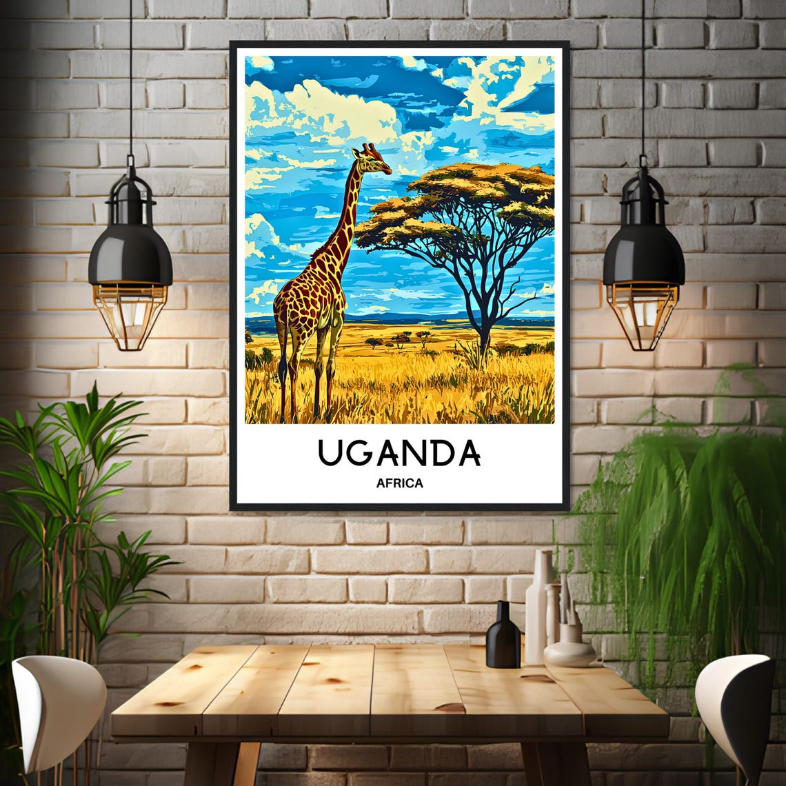 Uganda Giraffe Golden Savanna Acacia Tree Safari Travel Poster - Image 3