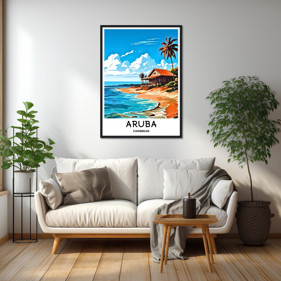 Aruba Beach Hut Palm Trees Caribbean Coast Vintage Style Scenic Poster - Image 2