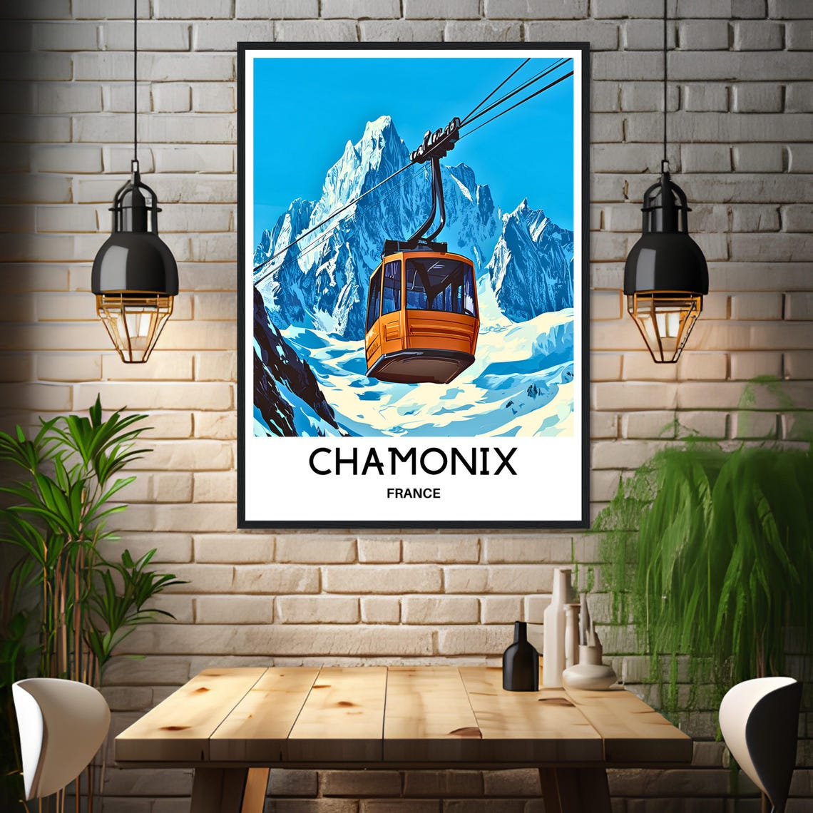 Chamonix France Orange Cable Car Alpine Peaks Ski Travel Poster - Image 3