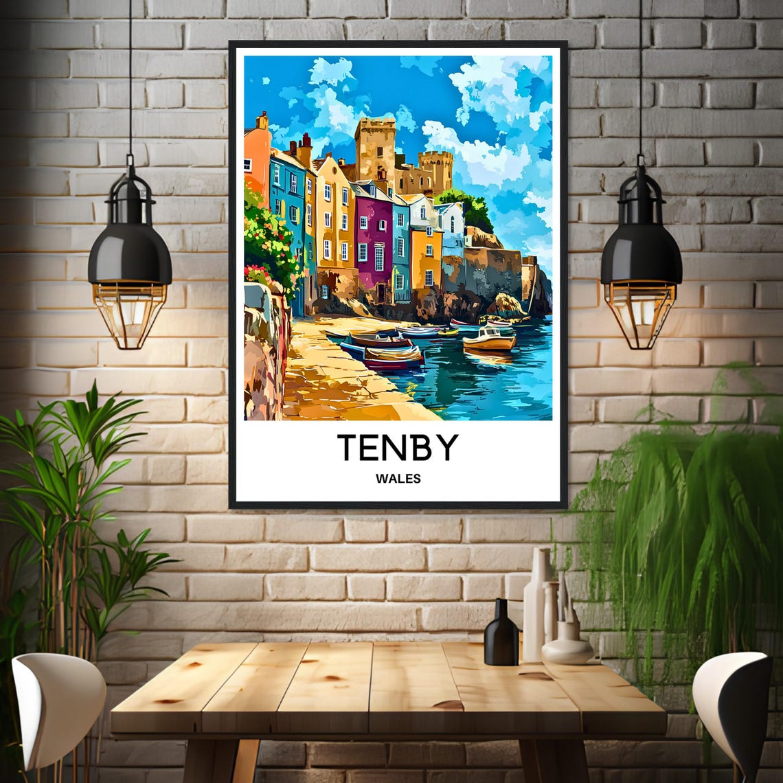 Tenby Wales Colorful Harbor Town Castle Cliffside Boats Poster - Image 3