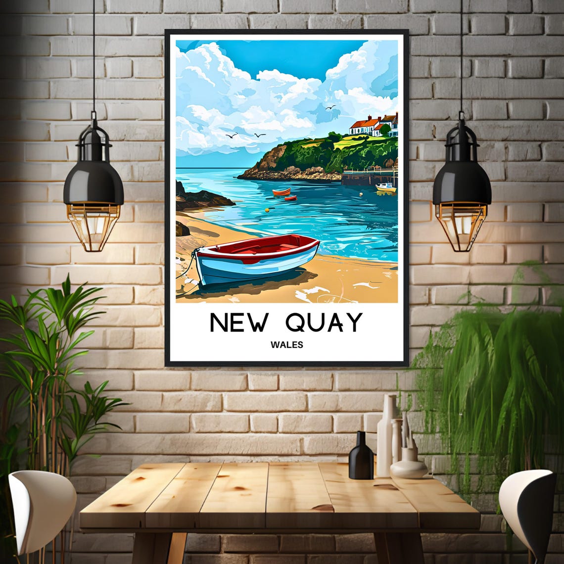 New Quay Wales Beach Red Rowboat Sandy Cove Seaside Scene Poster - Image 3