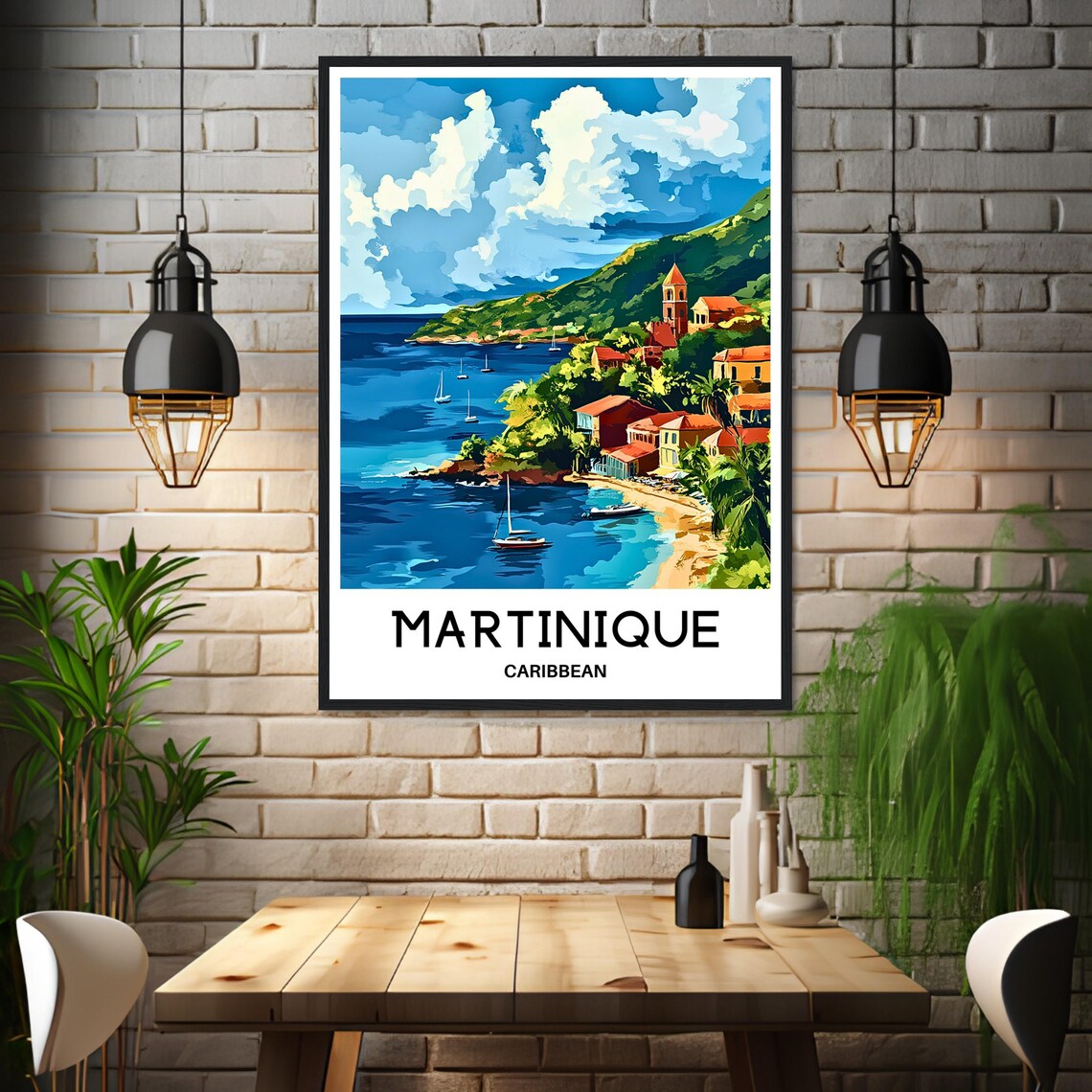 Martinique Caribbean Sailboats Hillside Village Travel Poster - Image 3