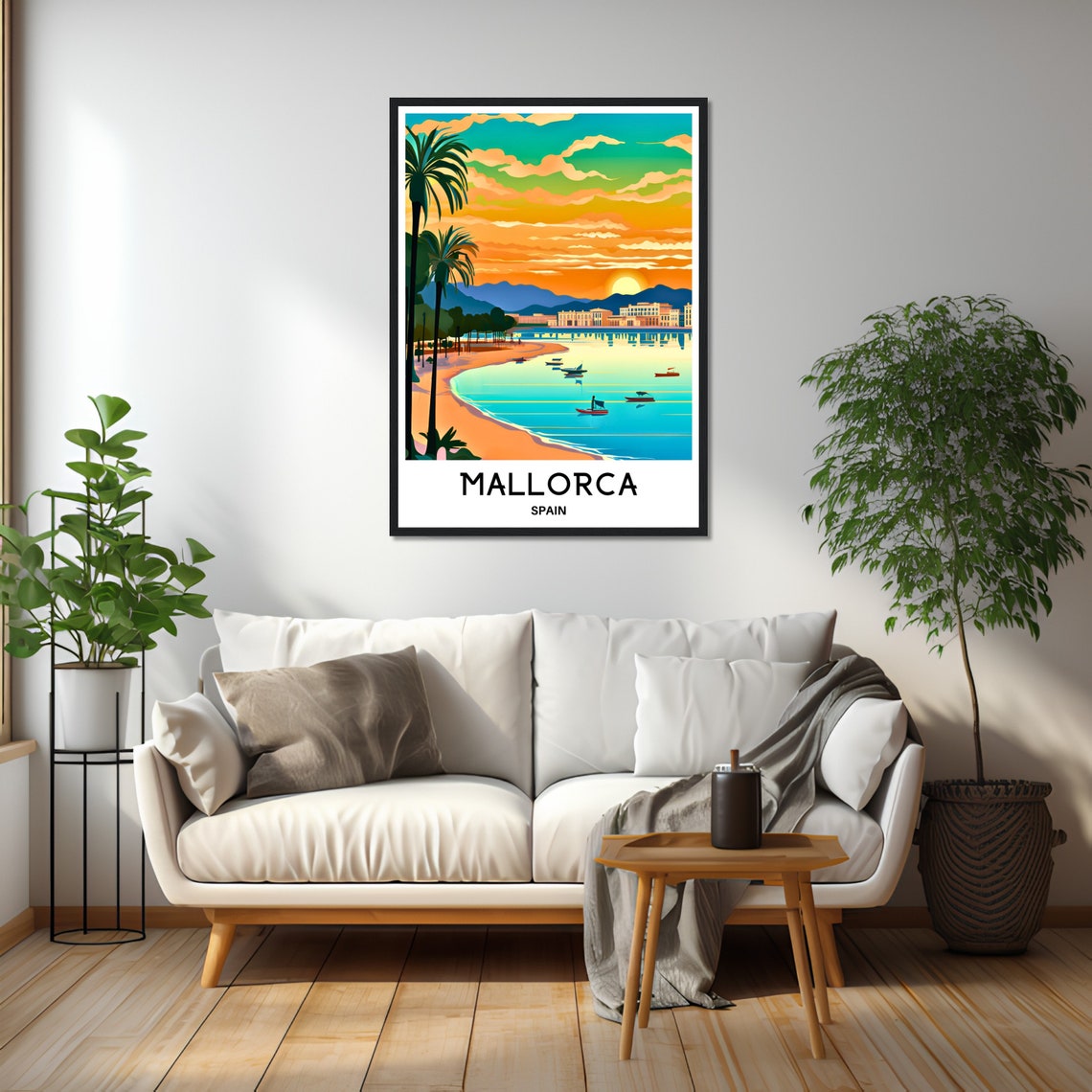 Mallorca Spain Travel Poster of a Sunset Bay with Boats and Palm Trees - Image 2
