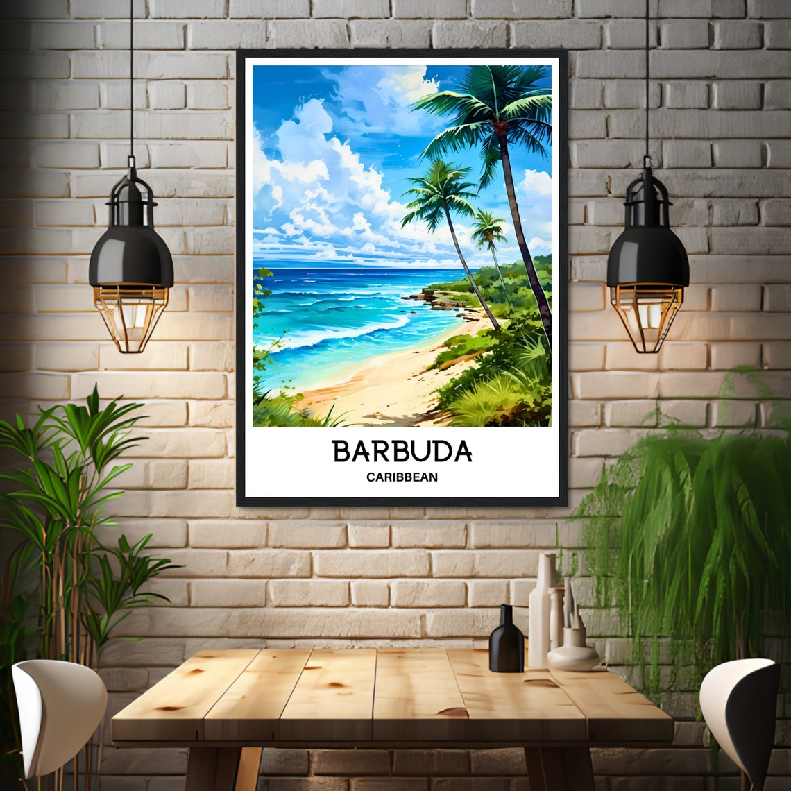 Barbuda Caribbean Palm Fringed Beach Turquoise Ocean Waves Poster - Image 3