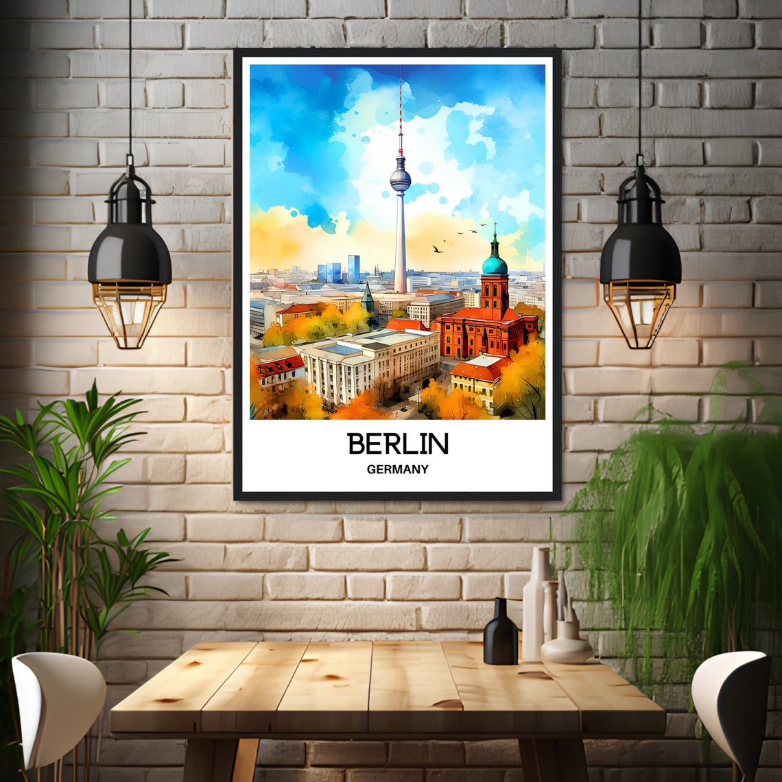 Berlin Germany TV Tower Red Brick Watercolor Skyline Travel Poster - Image 3