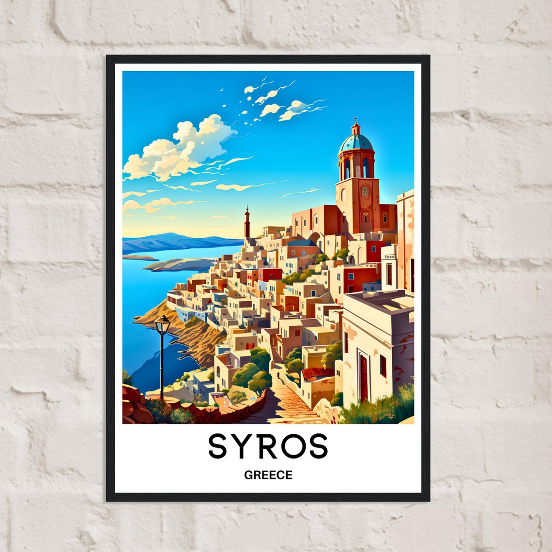Syros Greece Sunlit Old Town with Domed Church Travel Poster - Image 2