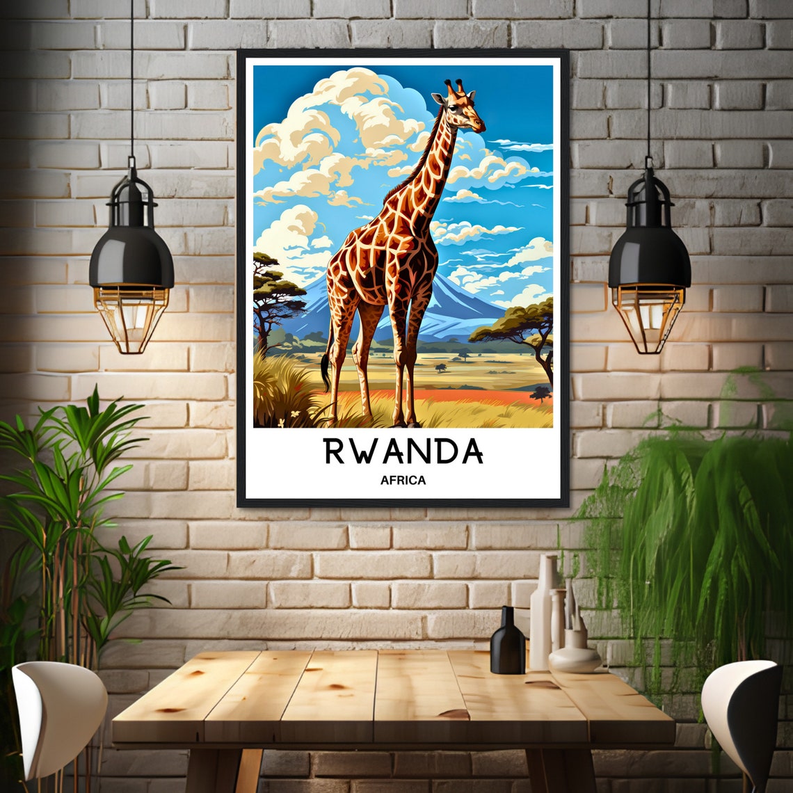 Rwanda Tall Giraffe Golden Savanna Volcano Africa Travel Poster - Image 3
