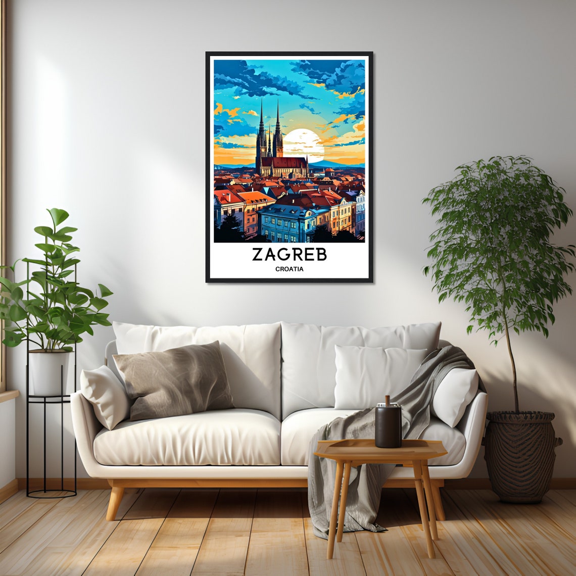 Zagreb Cathedral Sunset Skyline Croatia Illustrated Travel Art Poster - Image 2