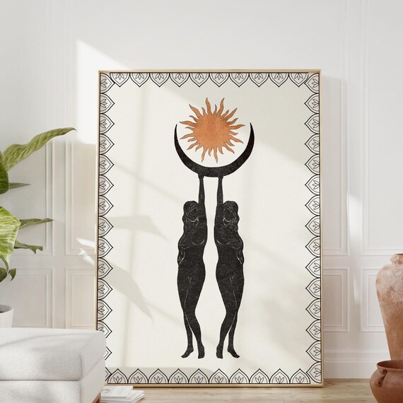 Cosmic Sisterhood Goddess Moon Sun Holding Women Art Print Spiritual