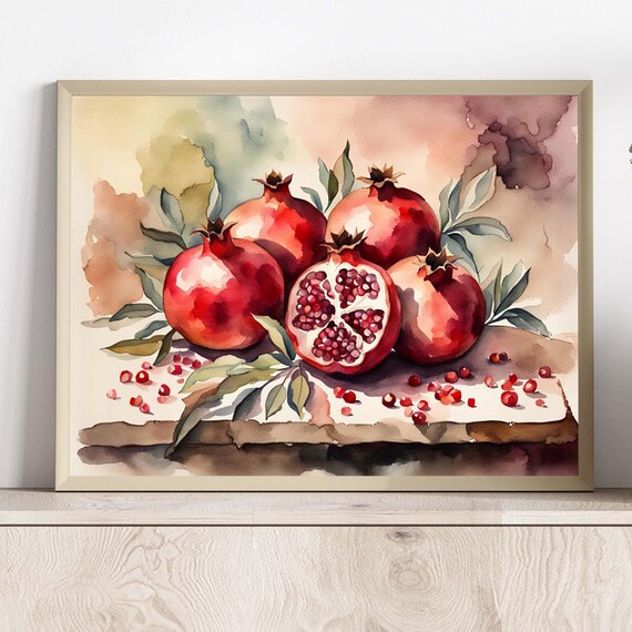 Ripe Pomegranates Stone Ledge Watercolor Autumn Harvest Fruit Poster