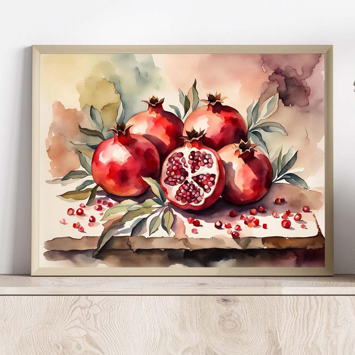 Ripe Pomegranates Stone Ledge Watercolor Autumn Harvest Fruit Poster