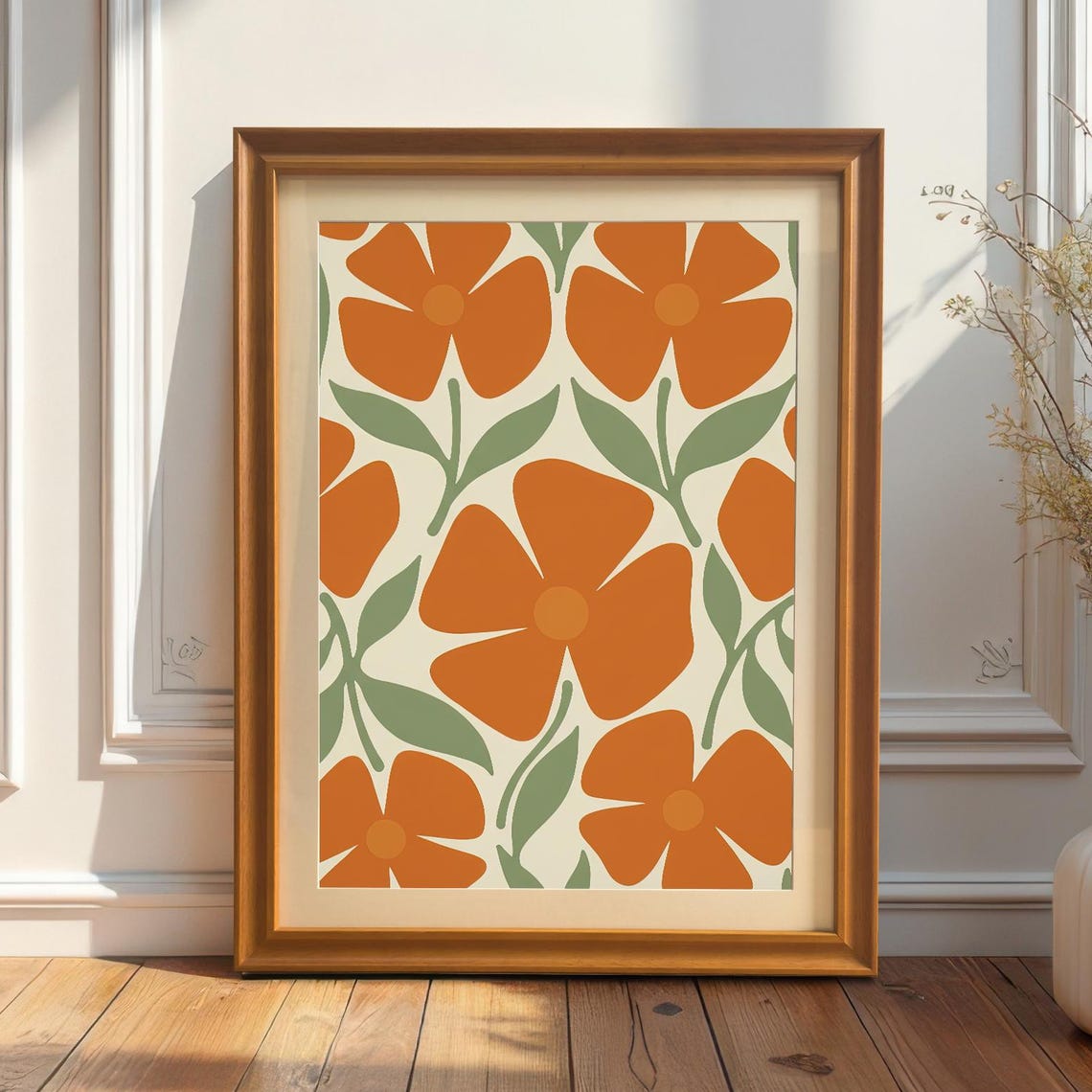 Retro Orange Flower Pattern Mid Century Modern Botanical Poster
