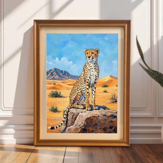 Wood Framed Cheetah In Desert Landscape Wall Art Oil Painting Print