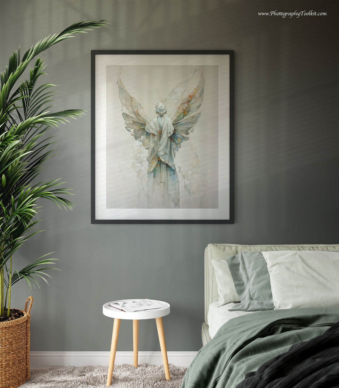 Ethereal Robed Angel with Soft White Wings Watercolor Heavenly Poster - Image 3