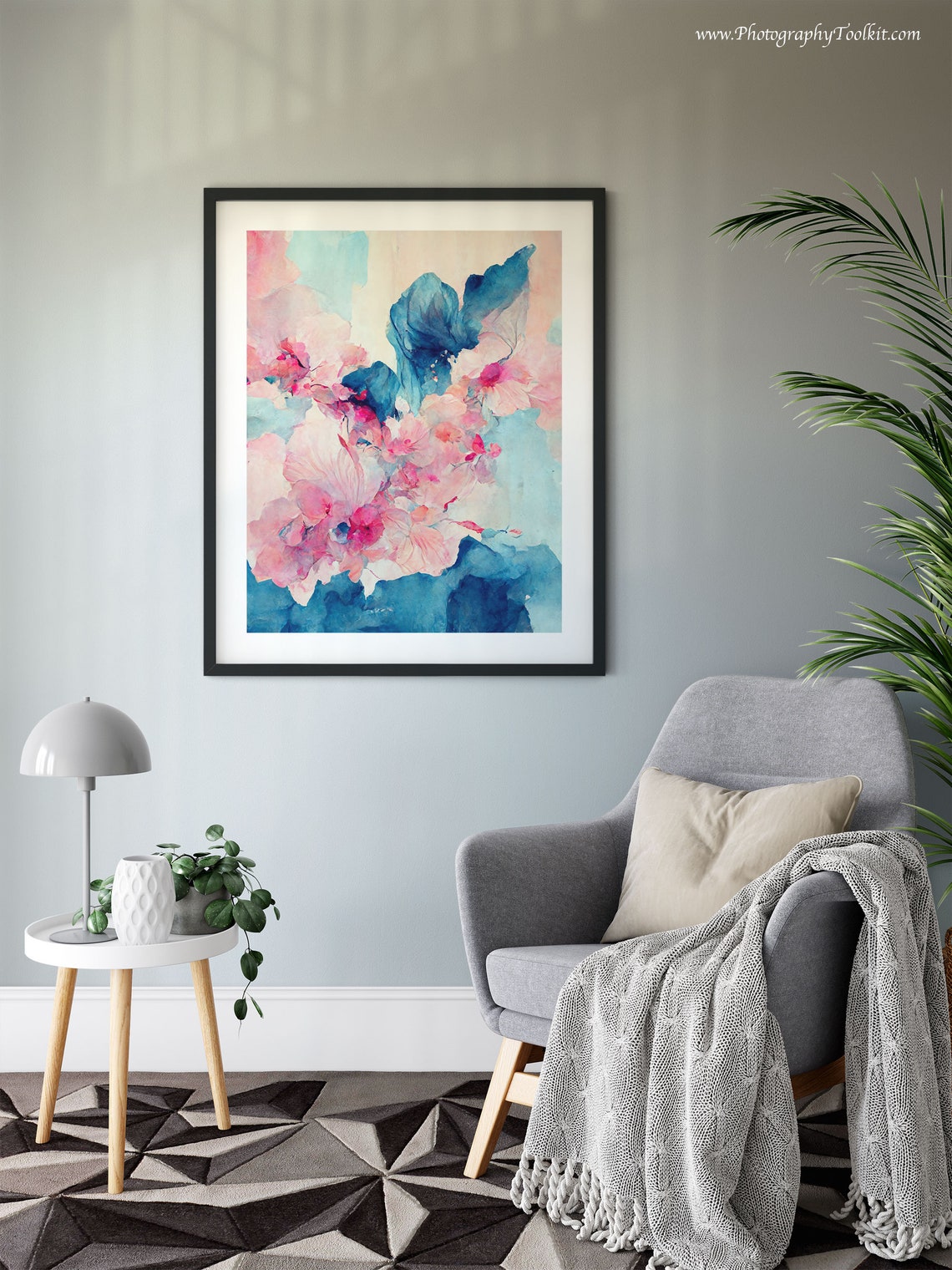 Abstract Floral Watercolor Pink Blossom Blue Botanical Art Poster - Image 6