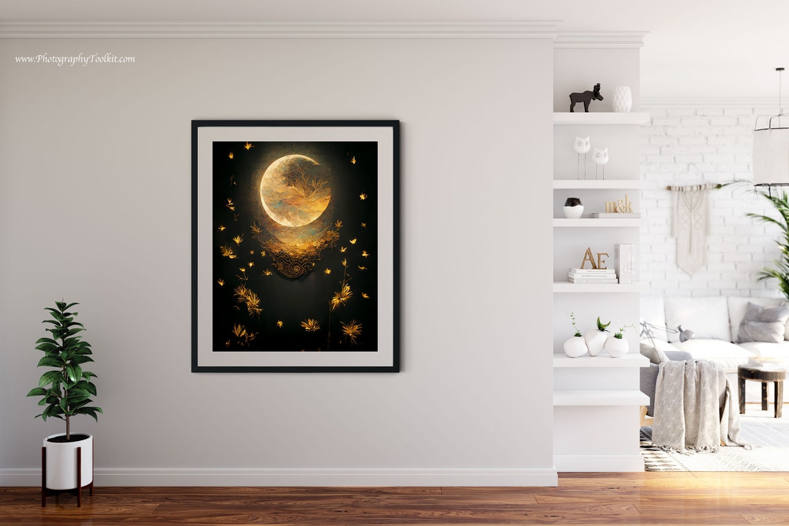 Golden Moon Glowing Moths Black Elegant Night Insect Art Poster - Image 4