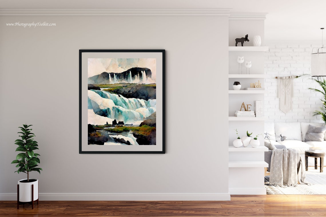 Godafoss Iceland Turquoise Cascades Under Sky Watercolor Poster - Image 4