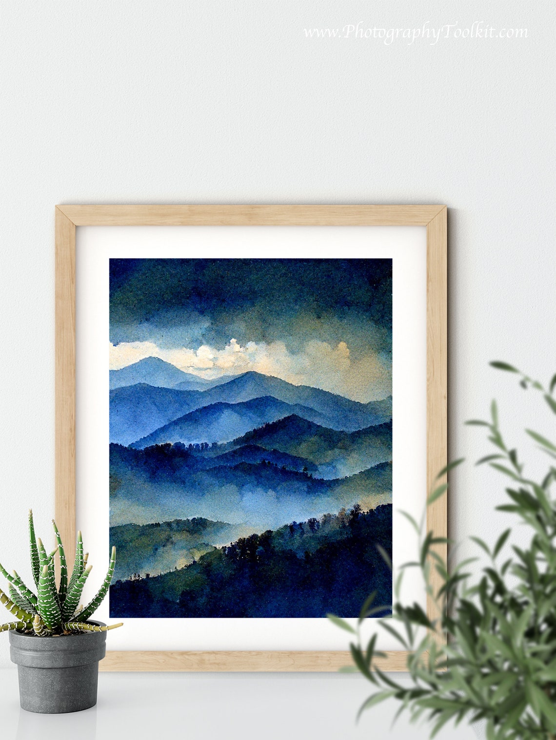 Misty Blue Mountains Watercolor Night Sky Clouds Over Peaks Art Poster - Image 5