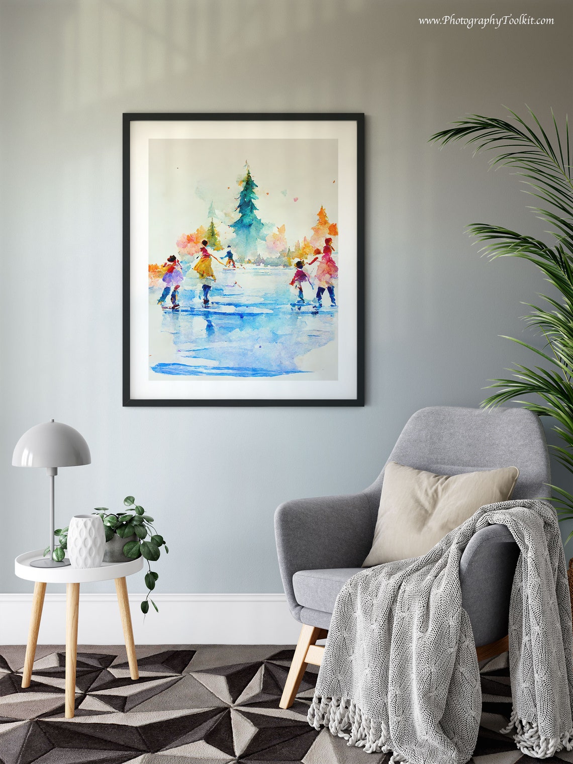 Children Ice Skating on a Frozen Pond by a Christmas Tree Poster - Image 6